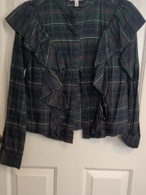 bp Dark Green Plaid Ruffle Button-Front Blouse